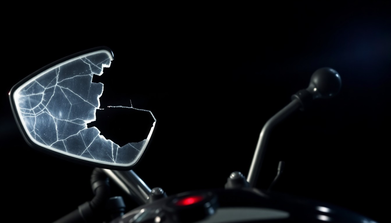 An extreme close-up photograph of a motorcycle's shattered mirror and cracked plastic casing, conceptually illustrating the aftermath of a serious crash.