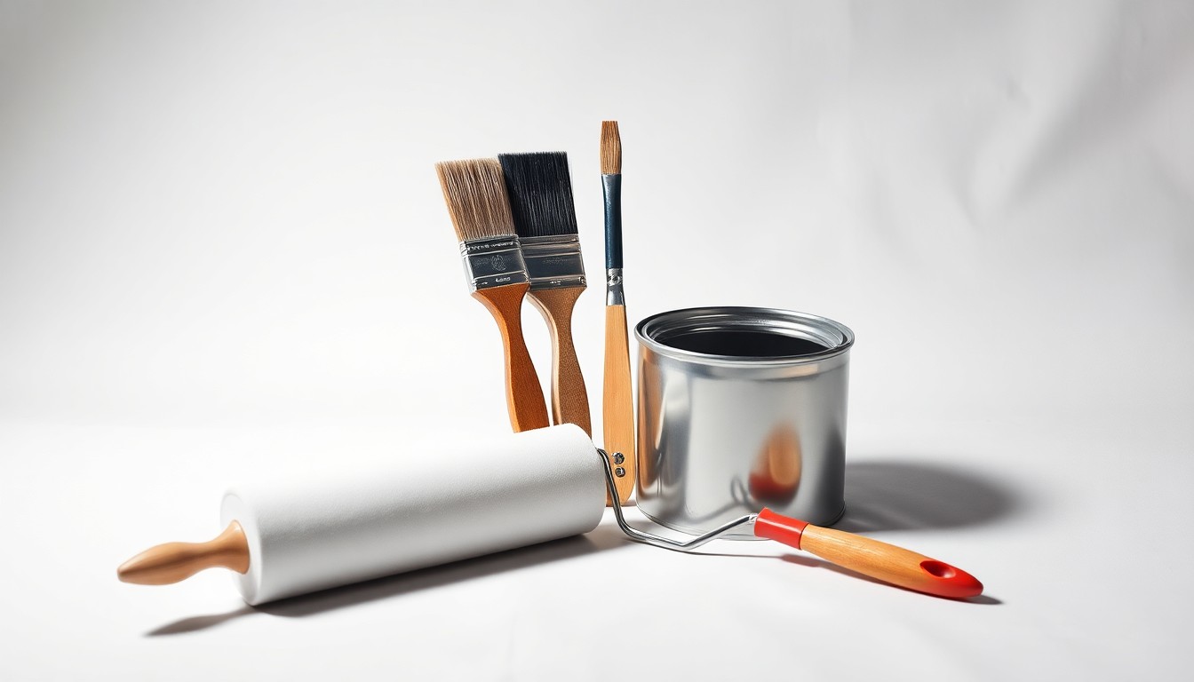 A close-up photograph of a set of premium paint brushes, a paint roller, and a small paint can arranged on a clean, white background, conveying the high-quality materials and craftsmanship of a professional painting service.