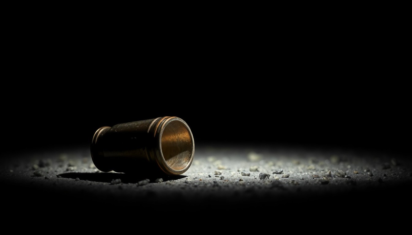 An extreme close-up photograph of a single spent shell casing on the ground, lit by a harsh camera flash against a pitch-black background, creating a stark, gritty visual aesthetic that conceptually represents the aftermath of a shooting incident.