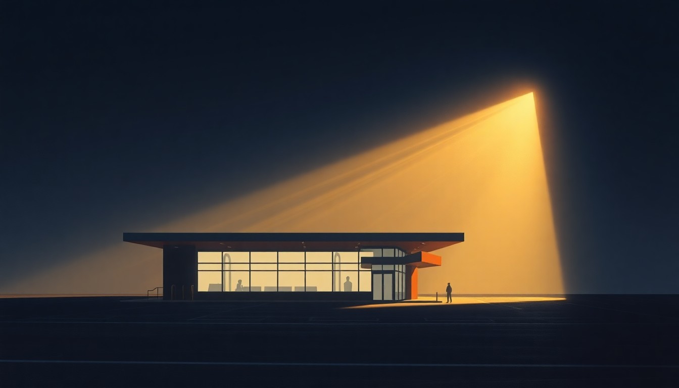 A photorealistic painting of an airport terminal building in soft, warm tones with dramatic shadows, conveying a sense of solitude and nostalgia.
