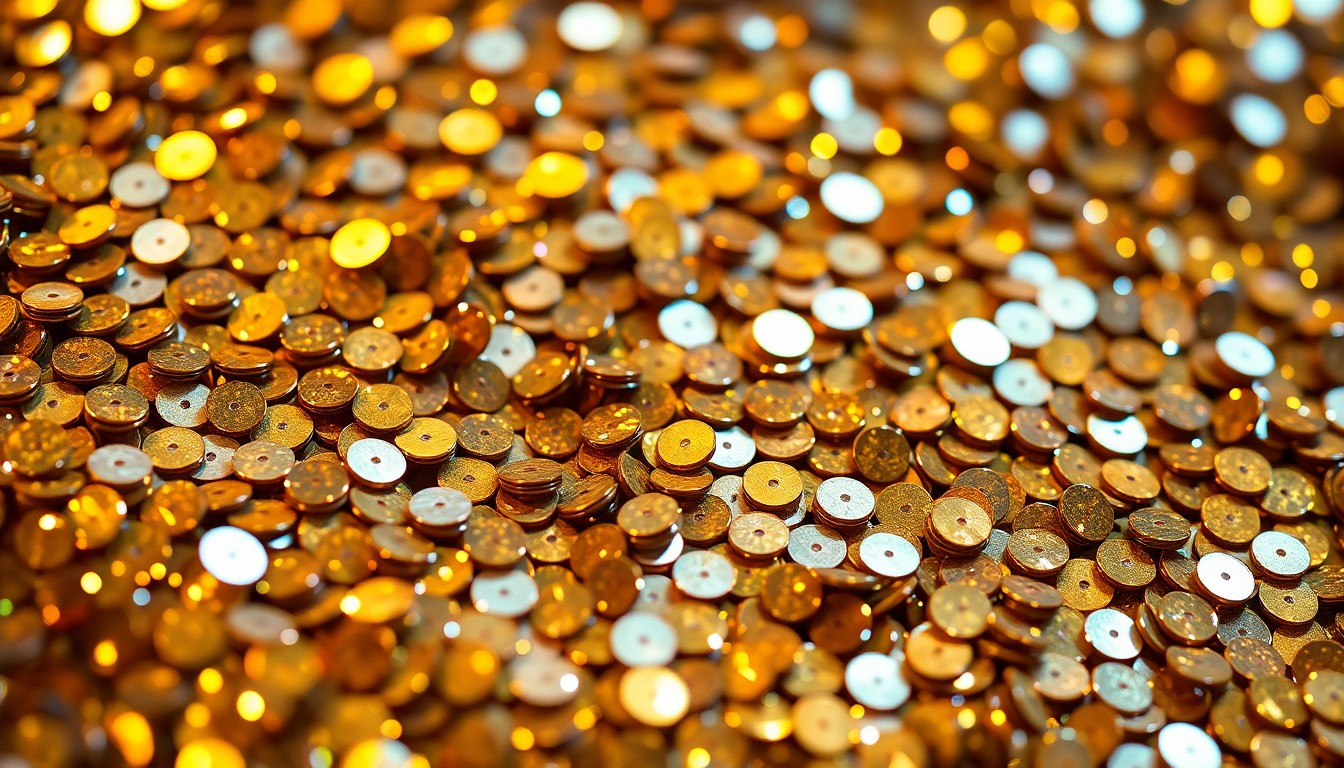 An abstract close-up photograph of shimmering, high-contrast sequins in metallic gold, silver, and bronze tones, capturing the glitz and energy of a live rock performance.