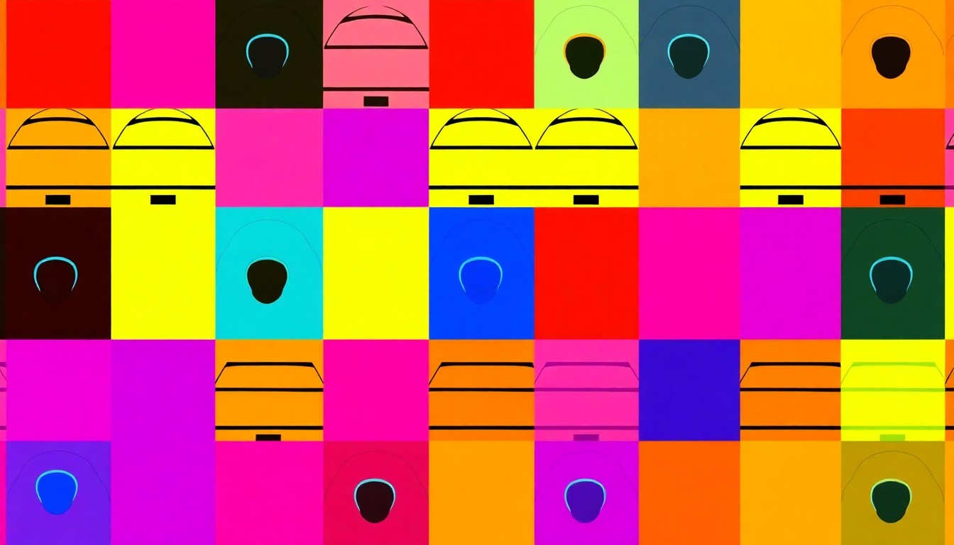 A brightly colored, high-contrast silkscreen print of a single, iconic beehive icon repeated in a tight grid pattern, utilizing flat, vibrant, and unnatural neon color palettes overlapping with heavy black photographic outlines to turn the everyday object into modern pop art.