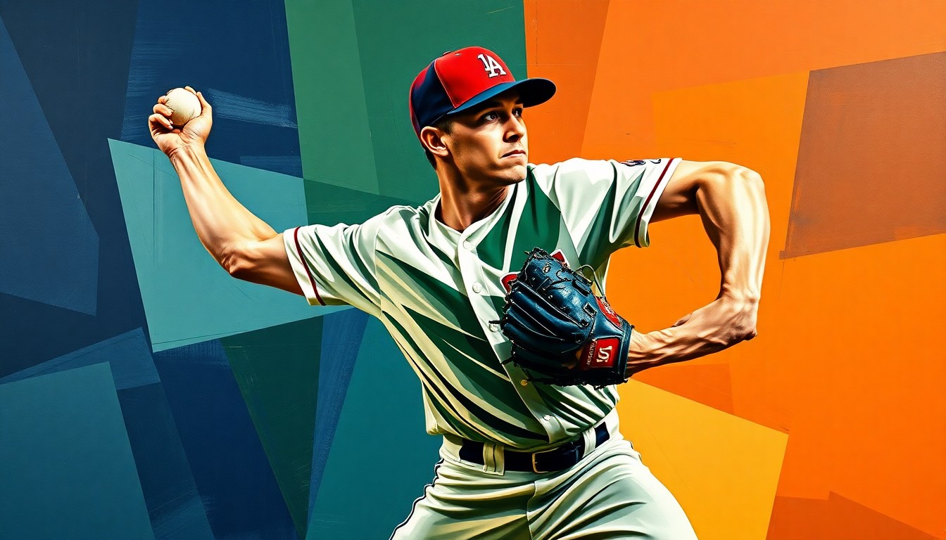 A cubist, geometric painting depicting Bryce Elder's pitching motion broken down into overlapping planes of color, conceptually representing his refined and deceptive delivery.