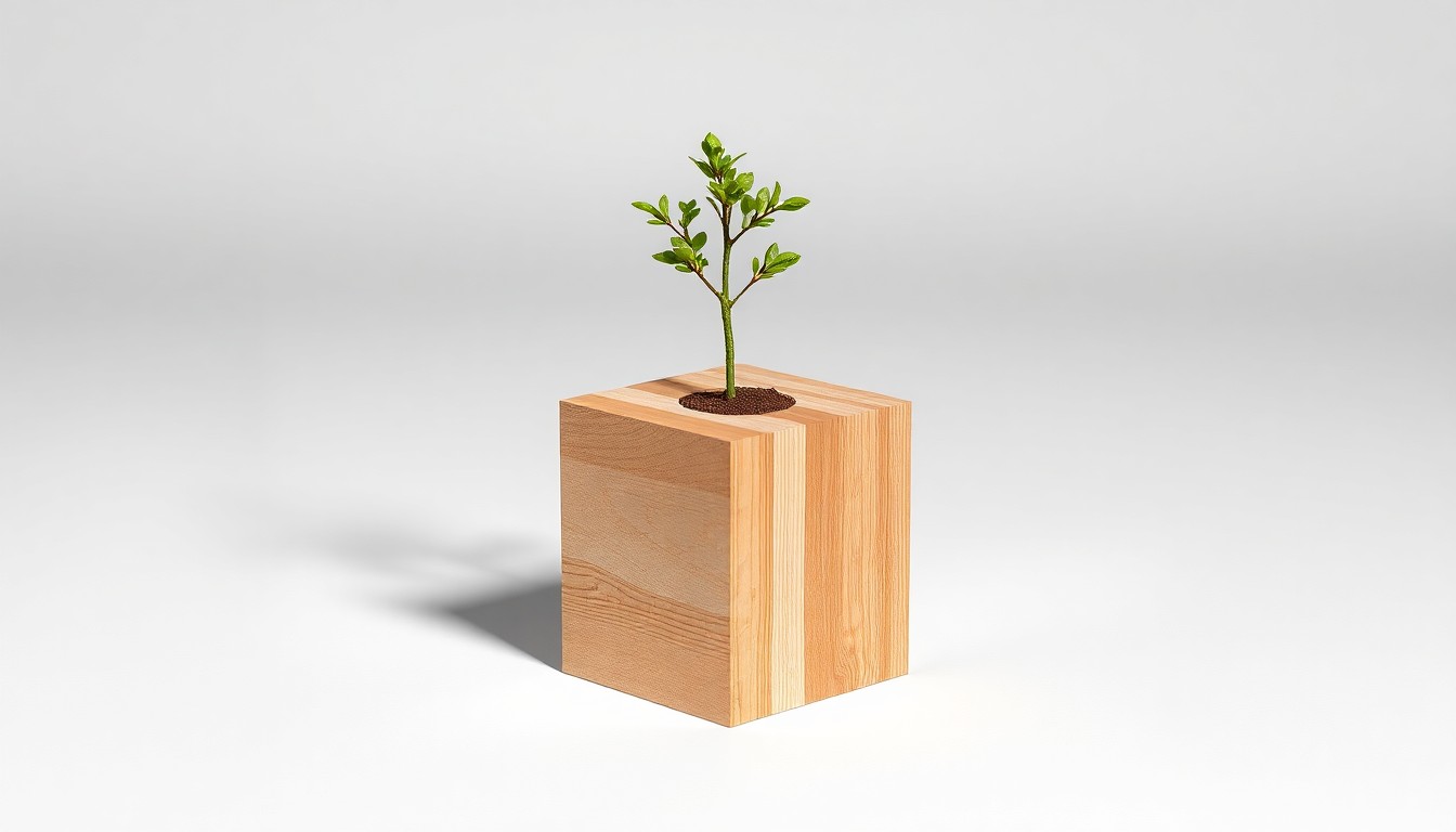 A polished wooden block with a small sapling tree growing out of the top, set against a clean, monochromatic background with dramatic lighting and deep shadows, symbolizing the expertise and precision required in the tree care industry.