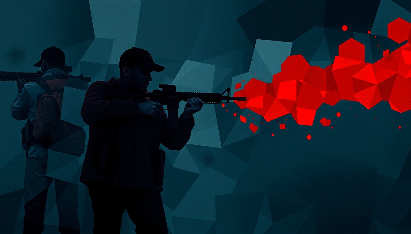 A fractured, abstract painting depicting a shadowy figure holding a firearm, repeated in overlapping geometric shapes and waves of dark colors, conveying a sense of chaos and the militarization of the drug war in the region.