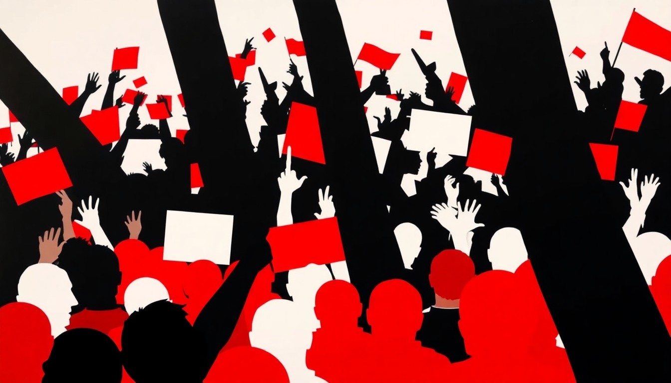 A dramatic black silhouette of a chaotic crowd scene, rendered in a stark, graphic style with bold red and white shapes, conceptually representing the political themes in Celeste Dupuy-Spencer's art.