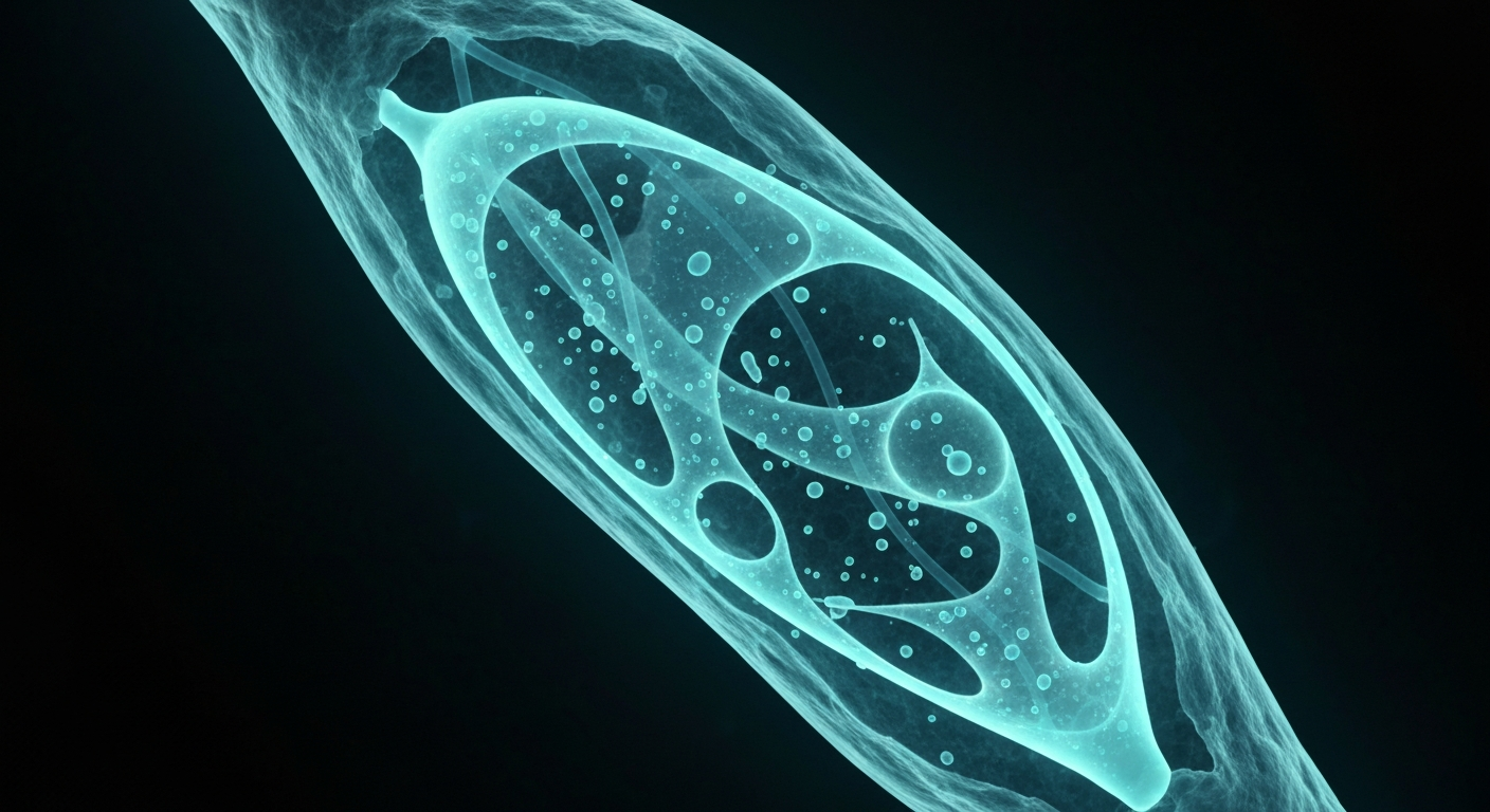 A ghostly, X-ray-style image showing the internal structure of an IV drip bag and tubing, with the fluid glowing against a dark background, conceptually representing the clinical nature of Lively Drops' mobile IV therapy service.
