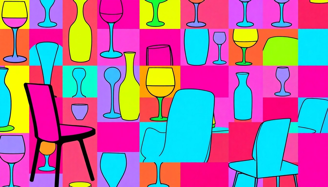 A vibrant, high-contrast silkscreen print featuring a repeated pattern of a single, iconic dining chair in shades of electric blue, neon pink, and bright yellow, conceptually representing the design-focused, experiential nature of the Marcel restaurant.