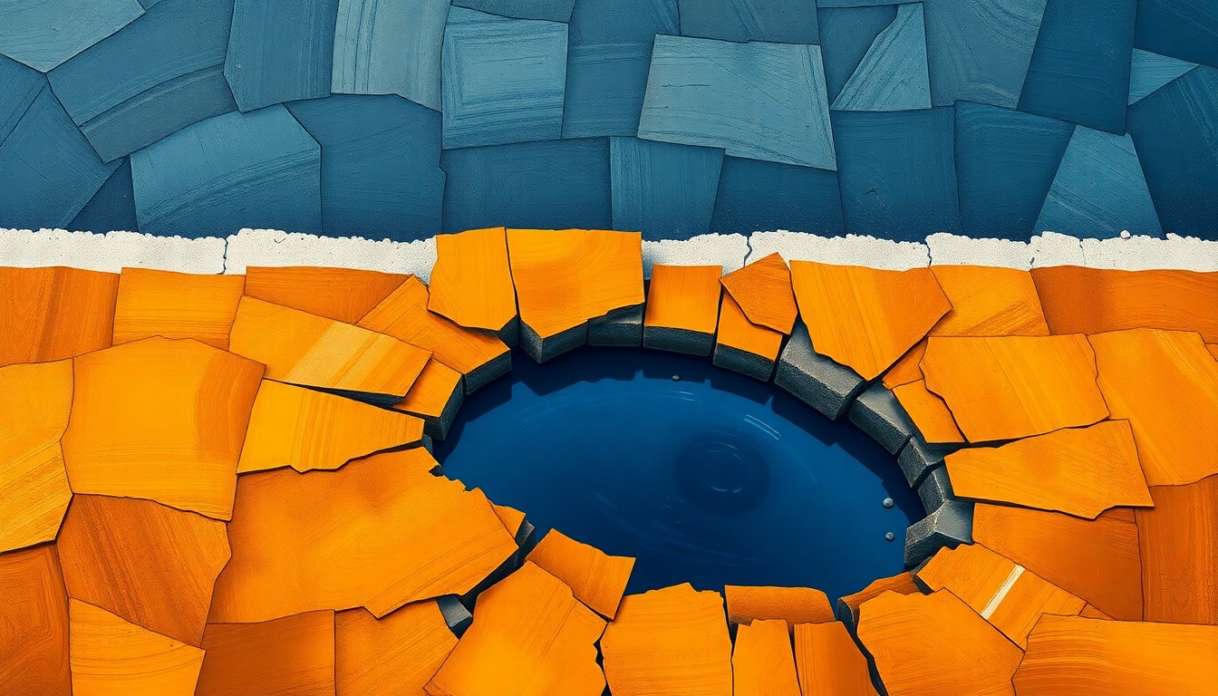 A dynamic, abstract painting featuring overlapping, fractured shapes in warm earth tones that suggest the motion and urgency of repairing potholes in a city street.