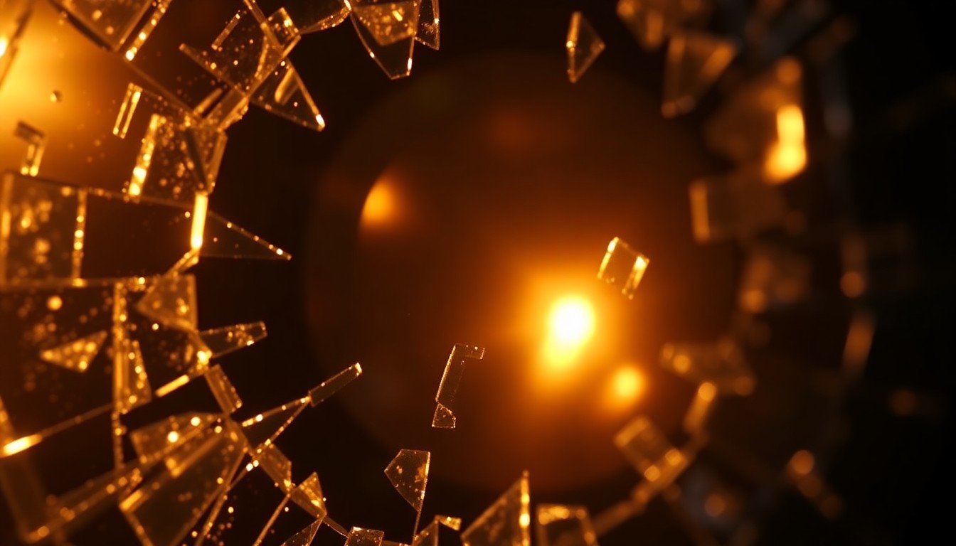 An abstract, high-contrast close-up photograph of shattered glass reflecting a warm, golden light, conveying the emotional intensity of a pivotal TV finale.