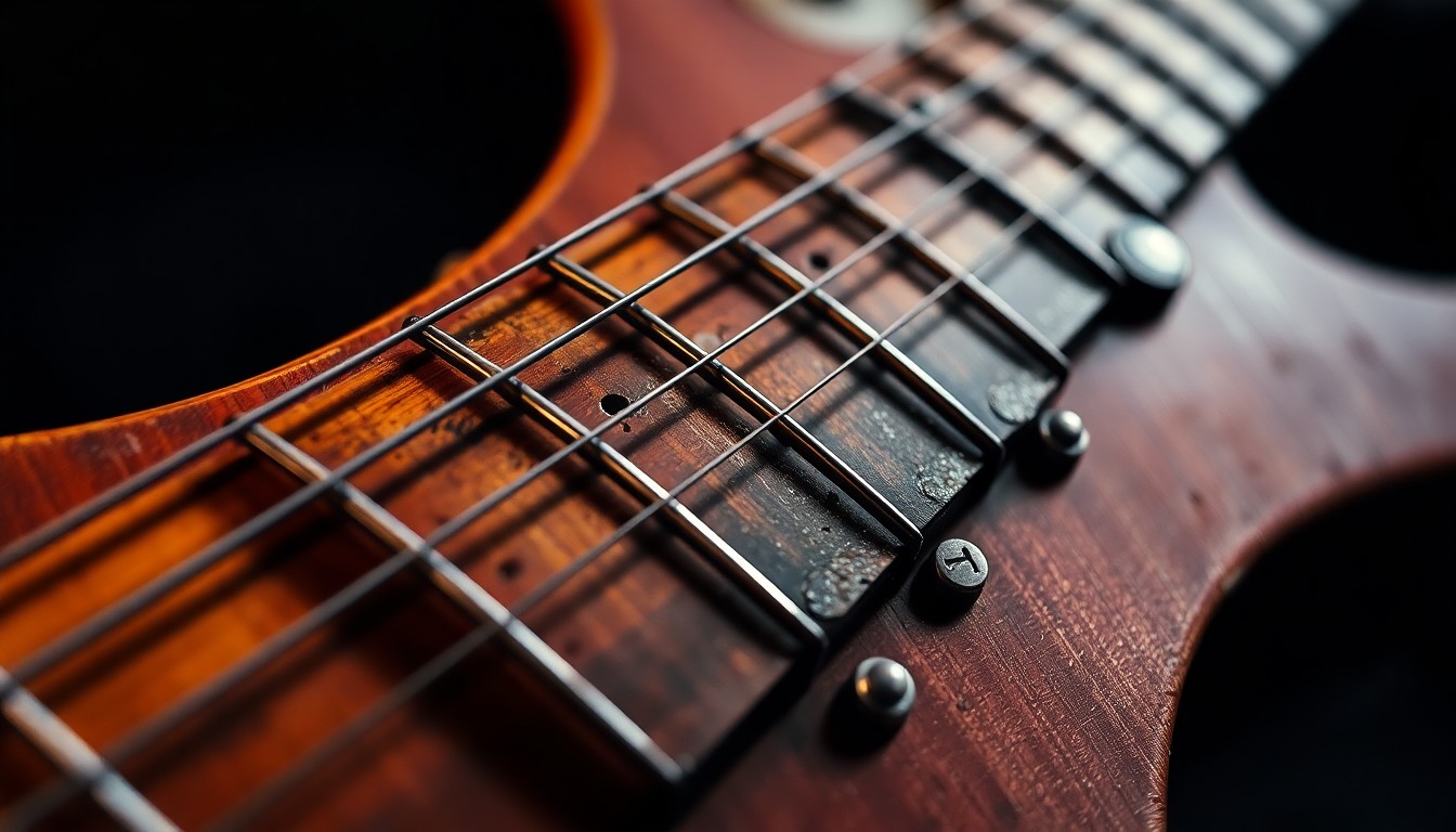 An extreme close-up photograph of the worn, textured neck and fretboard of an electric guitar, capturing the weathered details and dramatic lighting to symbolize the timeless legacy of classic rock guitar heroes.