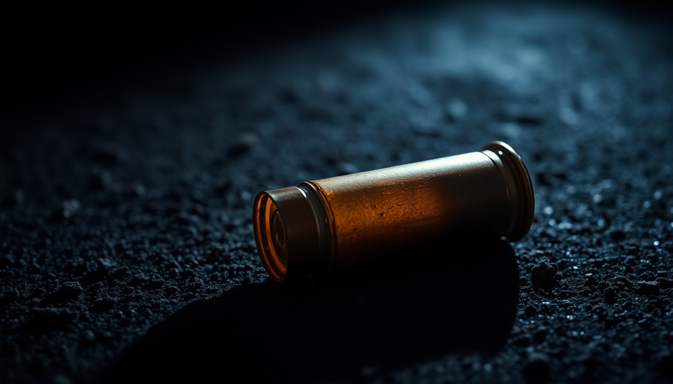 An extreme close-up photograph of a spent shell casing on a dark, gritty surface, lit by a harsh, direct camera flash, conceptually illustrating the harsh realities of gun violence in Baltimore.