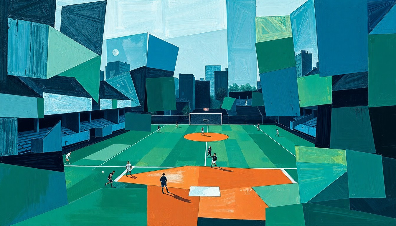 A fragmented, geometric painting depicting a high school sports competition, with sharp planes of color and overlapping perspectives conveying the intensity of the matchup.
