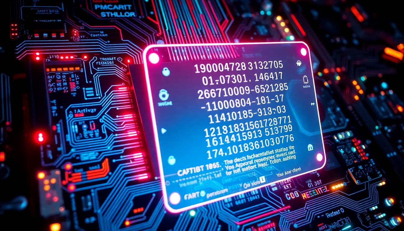 A highly detailed 3D illustration of a glowing, neon-lit computer motherboard with intricate circuitry and pulsing data streams. The board is partially obscured by a transparent, holographic CAPTCHA verification interface, symbolizing the intersection of cybersecurity and hacking threats.