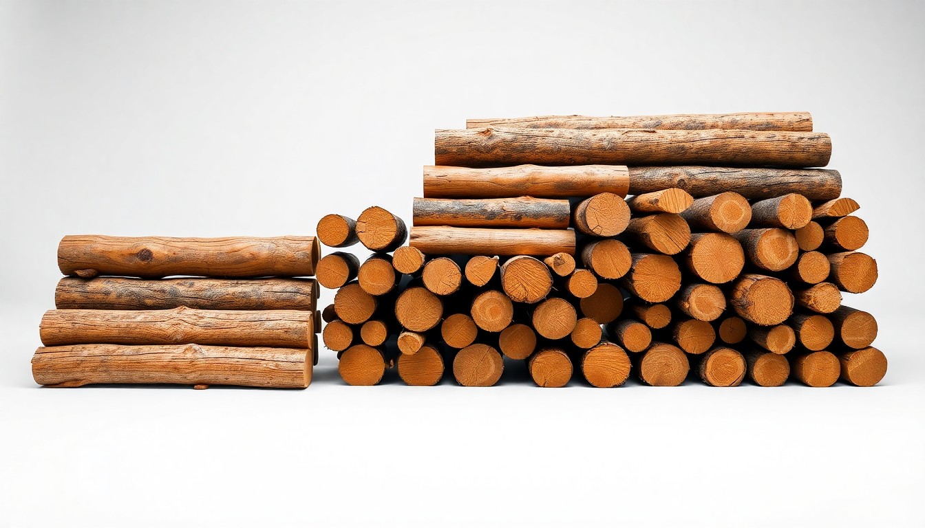 A high-end, photorealistic studio still-life photograph featuring a stack of freshly cut, polished timber logs arranged elegantly on a clean, white background, conveying the strength and sustainability of Acadian Timber's core business.