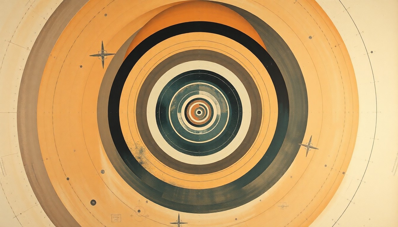 A highly structured abstract painting in soft blues, greens, and oranges, featuring sweeping geometric arcs, concentric planetary circles, and precise spirals, conceptually representing the complex forces and scale of space travel.