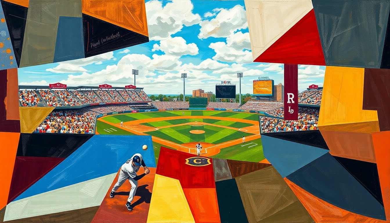 A fragmented, geometric painting depicting a college baseball game, with players and the field broken down into sharp, overlapping planes of color and abstract shapes, conveying the dynamic action and competitive spirit of the contest.