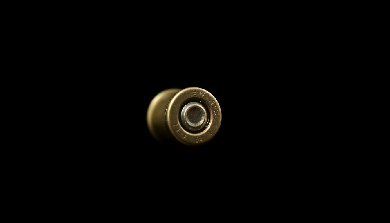 An extreme close-up photograph of a single 9mm bullet casing against a stark black background, conceptually representing the physical evidence at the center of the DeKalb County shooting investigation.