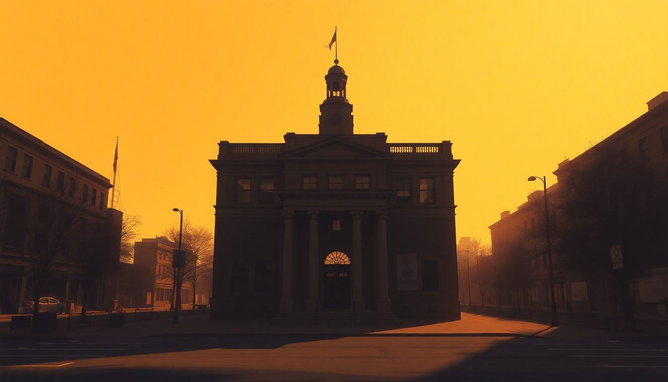 A dimly lit, cinematic painting of a city hall building with warm, diagonal sunlight and deep shadows, conveying a sense of tension and unease surrounding the power struggle between the mayor's office and the inspector general.