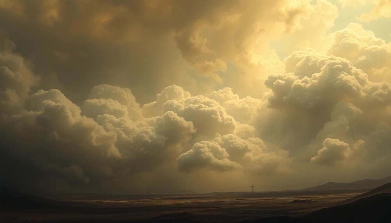A vast, atmospheric landscape painting in muted tones of gray, blue, and orange, with a massive cloud of thick smoke billowing across the horizon and obscuring any visible structures or vehicles, conveying the overwhelming scale and power of the natural disaster.