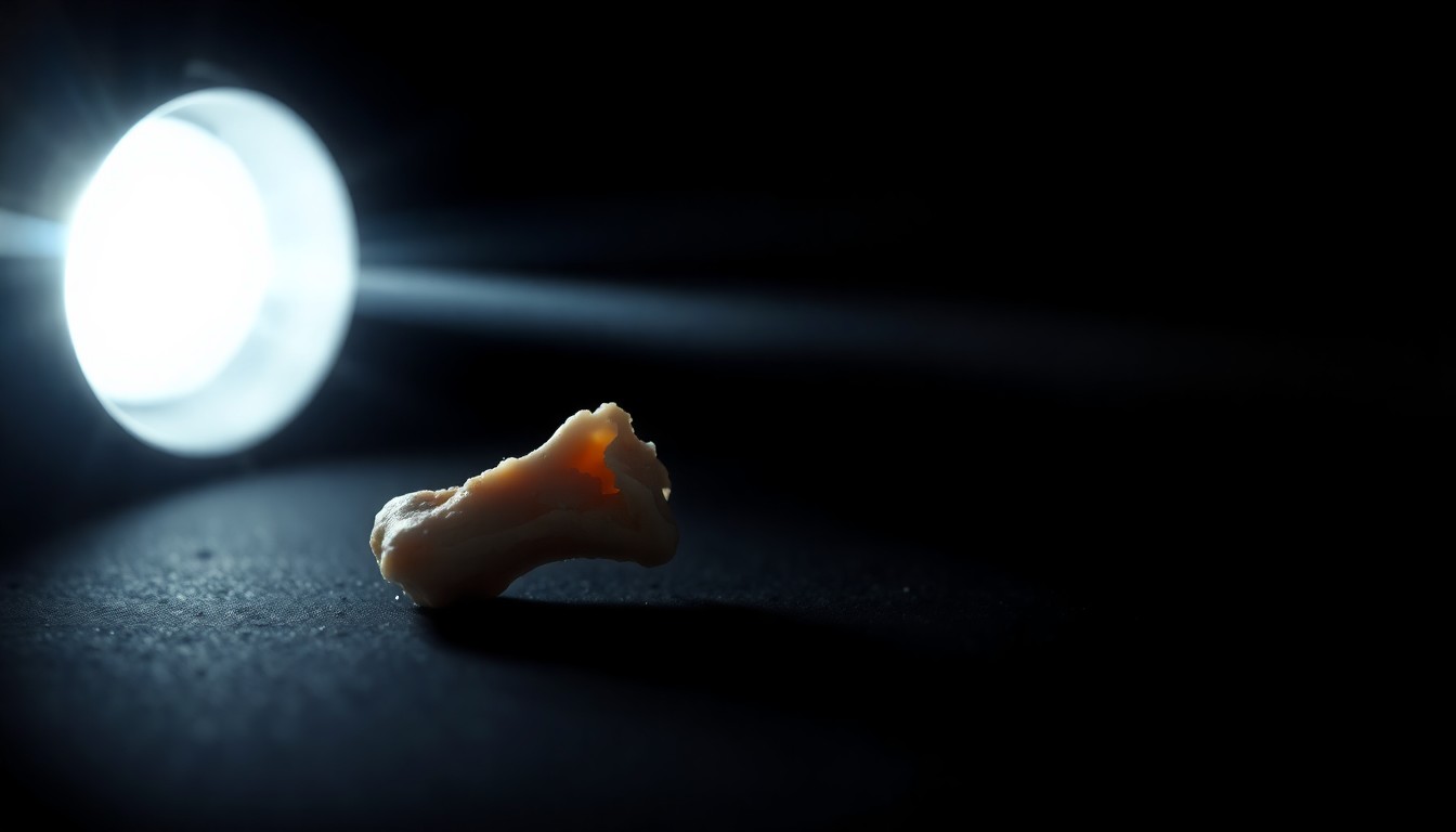 An extreme close-up photograph of a small, charred bone fragment or piece of human tissue, the harsh flash illuminating the rough, textured surface against a pitch-black background, conceptually representing the disturbing discovery of suspected human remains on a vacant lot.