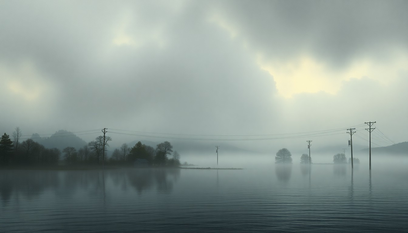A vast, atmospheric landscape painting depicting a flooded rural area, with only the tops of trees and telephone poles visible above the rising waters. The composition emphasizes the overwhelming, sublime scale of the natural disaster, dwarfing any physical structures caught within it.