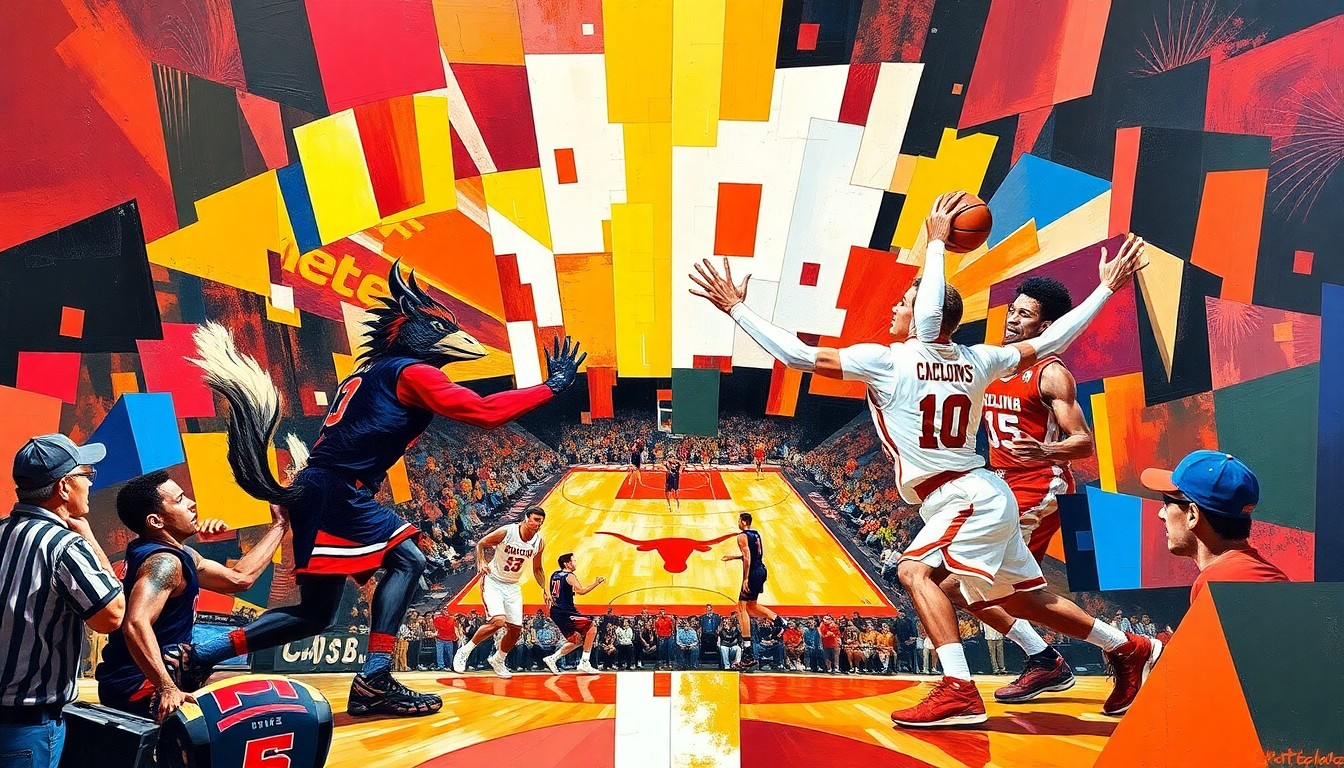 A cubist, geometric painting depicting a basketball game or match, with sharp, overlapping planes of color representing the uniforms of the South Carolina Gamecocks and Texas Longhorns teams.