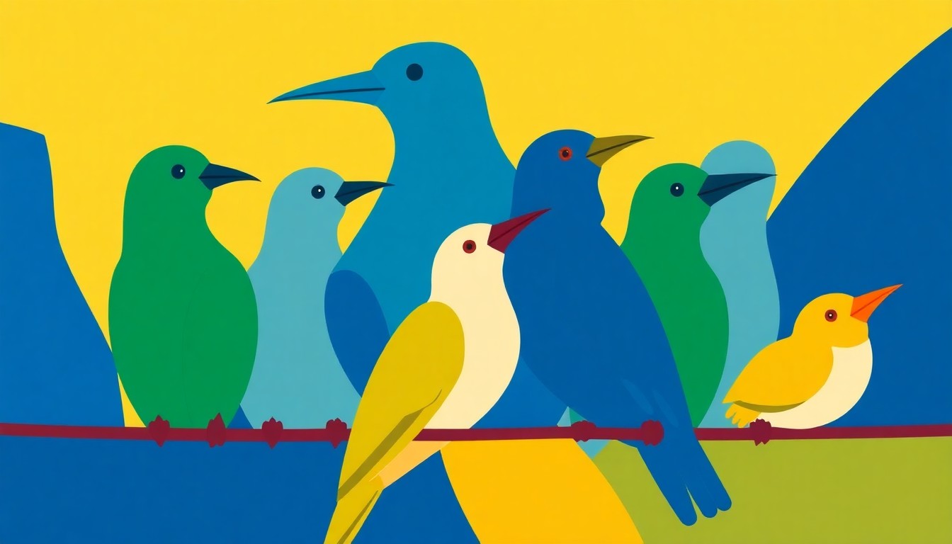 An abstract, minimalist illustration composed of jagged, geometric shapes in shades of blue, green, and yellow, representing a group of diverse birds supporting each other on a journey.