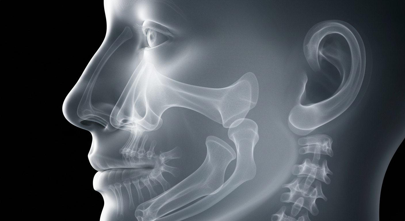 A translucent, ghostly X-ray photograph of a human face in profile, revealing the internal bone structure and subtle details of the nose, cheekbones, and jawline, conceptually illustrating the precision and artistry of plastic surgery.