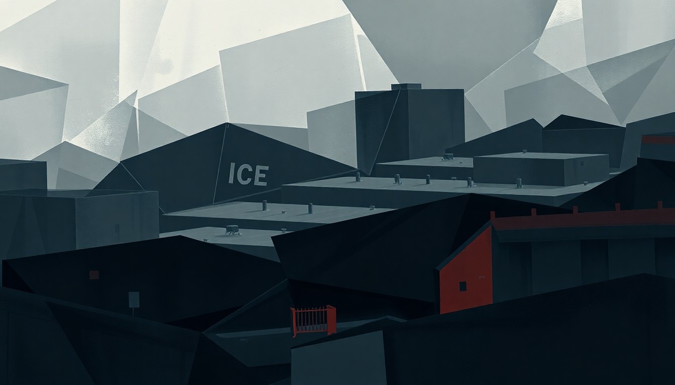 A dynamic, fragmented painting depicting an ICE detention center, with overlapping geometric shapes and muted colors conveying a sense of unrest and instability surrounding the agency.