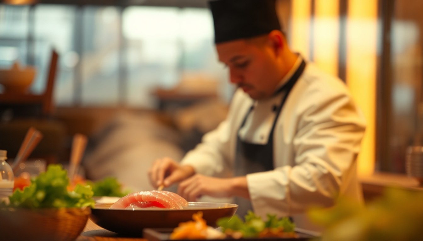 A soft, out-of-focus photograph in warm, hazy tones depicting a blurred, intimate scene of a sushi chef preparing fresh ingredients, with the background fading into a dreamlike blur.