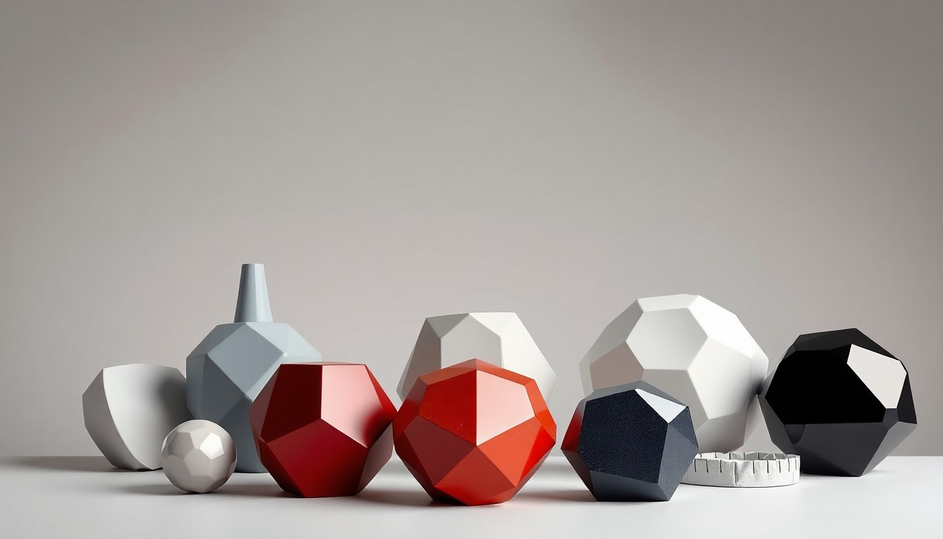 A minimalist studio still life featuring a collection of sleek, geometric objects in muted tones, conceptually representing the decline of the Third Street Promenade in Santa Monica.