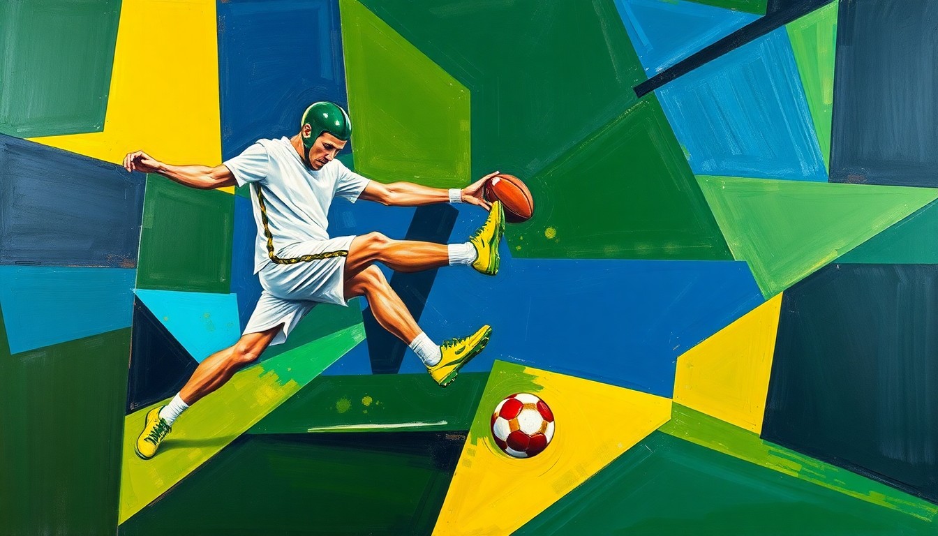 A fragmented, cubist-style painting depicting the motion of a football kicker and the trajectory of the ball, with sharp, overlapping geometric shapes in deep blue, green, and yellow hues.