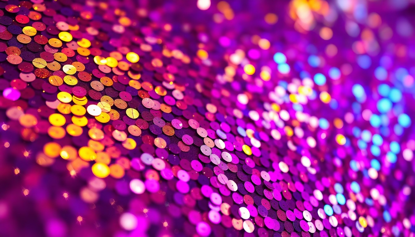 An extreme close-up photograph of a shimmering, high-contrast sequin texture in rich jewel-toned colors, capturing the glamour and artistry of the music industry that Linda McCartney was a part of.