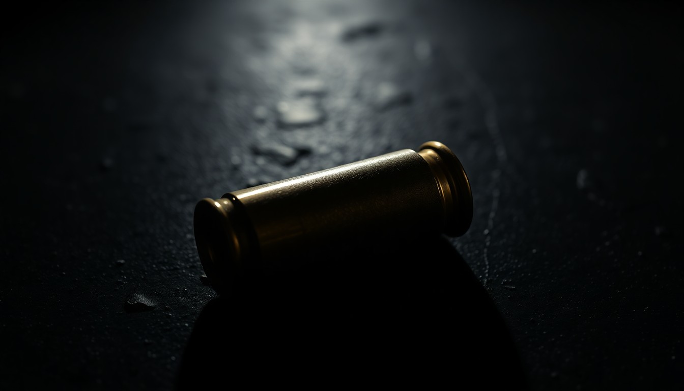 An extreme close-up photograph of a single spent shell casing lying on a dark, textured surface, lit by a harsh, direct camera flash, conceptually representing the physical evidence in an unsolved murder investigation.