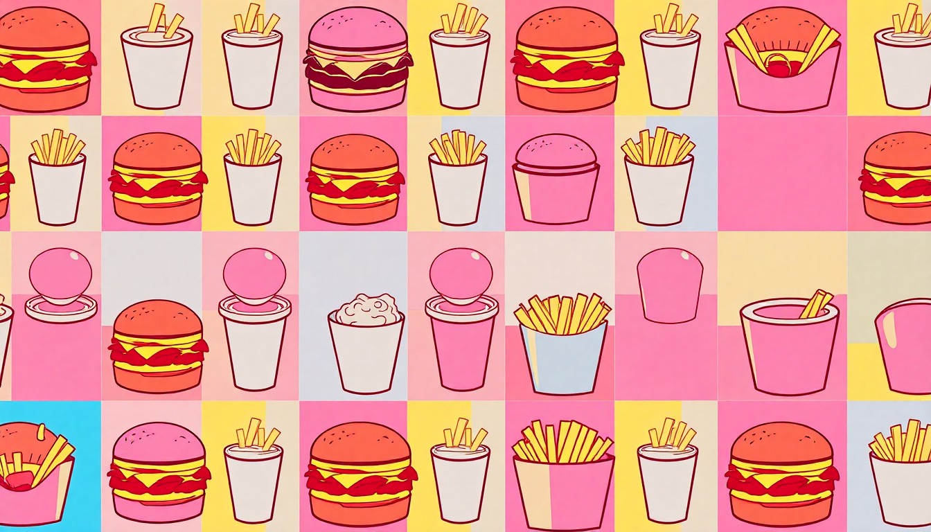 A vibrant, high-contrast silkscreen print of a single, iconic food item repeated in a grid pattern, capturing the celebratory mood of Eater's cookbook launch event.