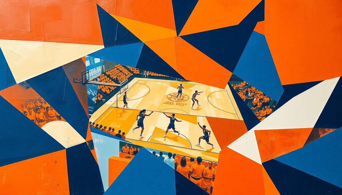 A cubist, geometric painting depicting a women's basketball game, with sharp, overlapping shapes in burnt orange, navy blue, and white, capturing the dynamic motion and energy of the sport.