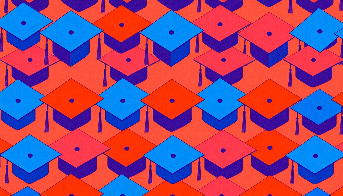 A vibrant, abstract grid of stylized graduation caps in shades of red, blue, and yellow, conveying the energy and significance of Savannah State University's presidential investiture ceremony.