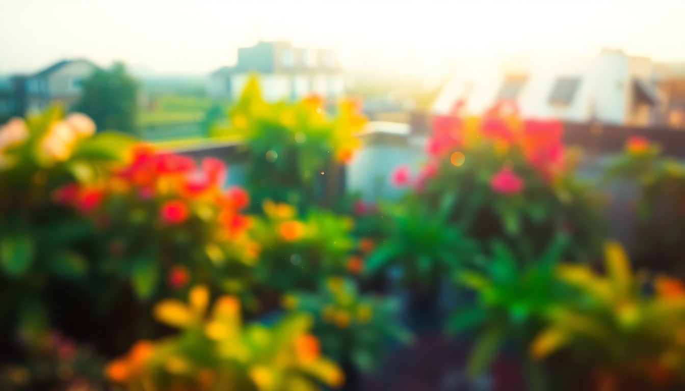An extremely abstracted, out-of-focus photograph of a lush, verdant rooftop garden scene with vibrant greens, reds, and yellows blending together in soft pools of warm light, conceptually representing the community-driven urban farm project.
