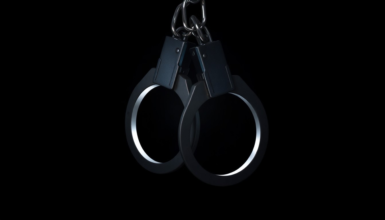 An extreme close-up photograph of a pair of handcuffs against a pitch-black background, lit by a harsh, direct camera flash, conceptually representing the arrest of human trafficking suspects.