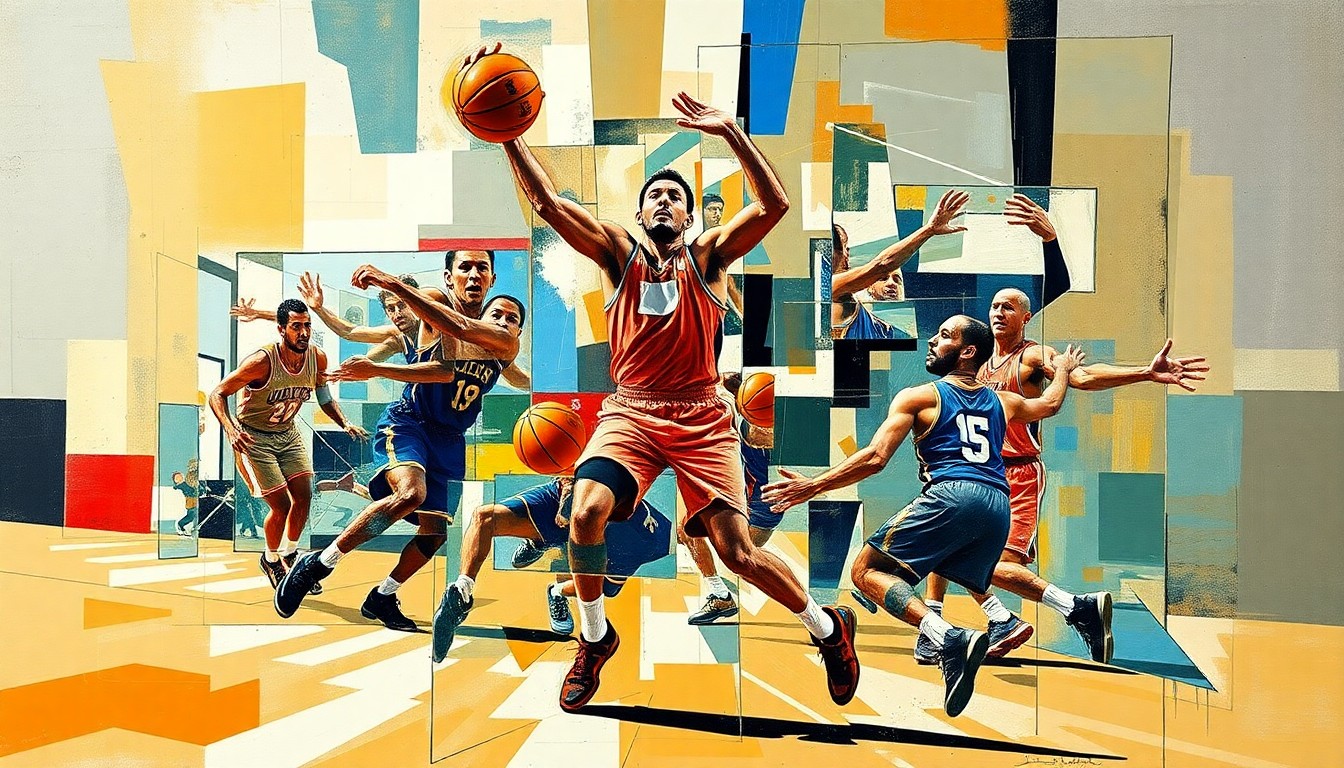 A fragmented, geometric painting depicting the dynamic movements and competitive spirit of a basketball player, with sharp planes of color and form capturing the energy of the sport.