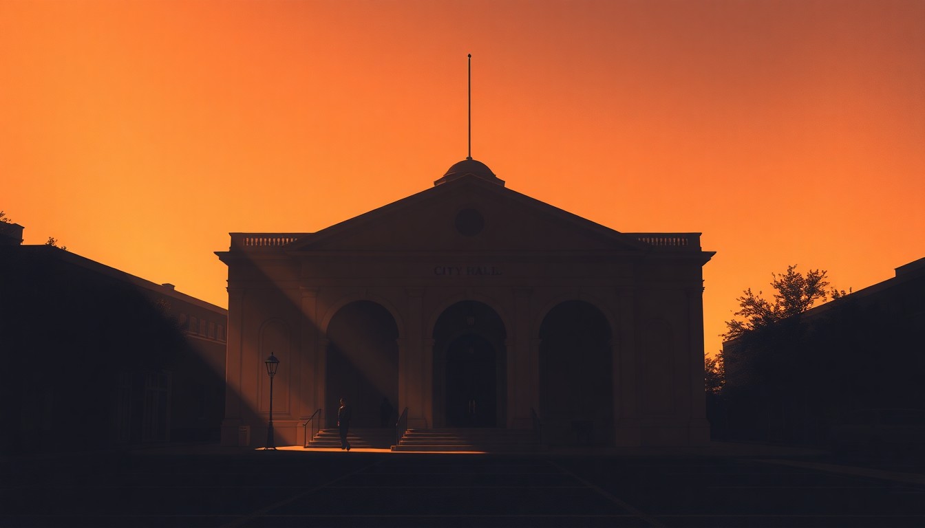 A photorealistic painting of a city hall building in a warm, golden light, with deep shadows and a sense of solitude, conveying the quiet contemplation of local government.