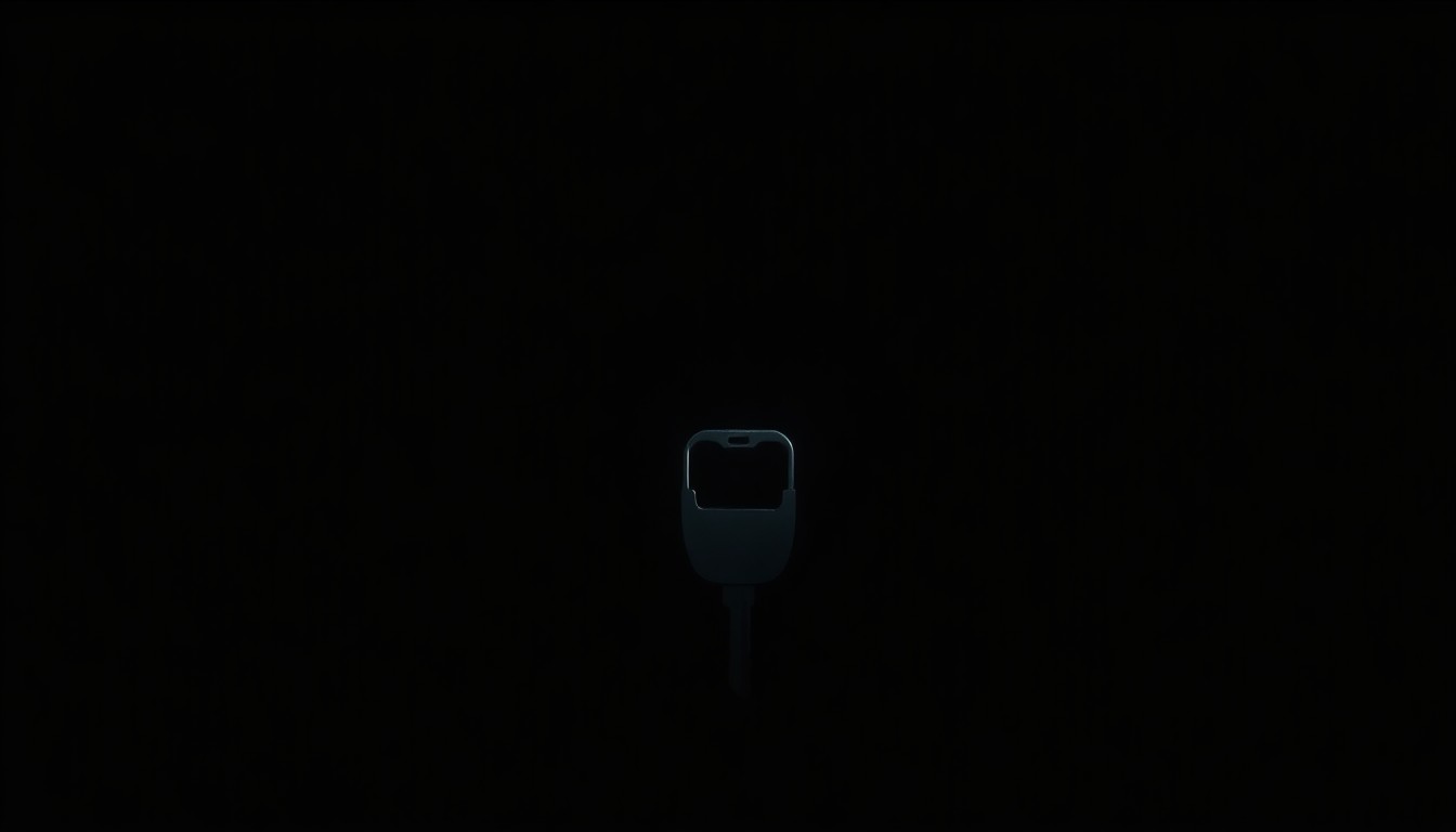 An extreme close-up photograph of a handcuff key against a pitch-black background, lit by a harsh, direct camera flash, conceptually representing the gravity of allegations involving the sexual abuse of minors.