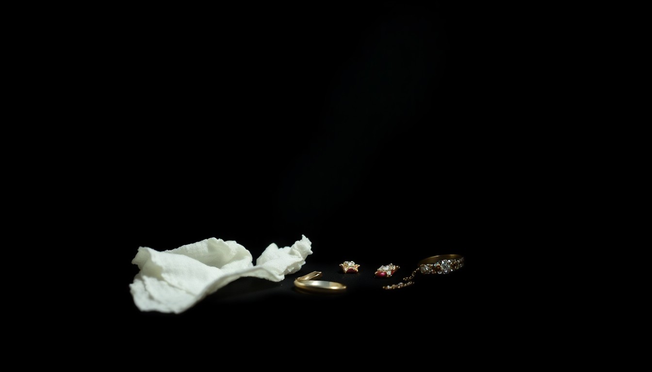 An extreme close-up photograph of a torn piece of fabric, its fibers and textures dramatically illuminated by a harsh flash against a black backdrop, conceptually representing the physical evidence from a decades-old murder investigation.
