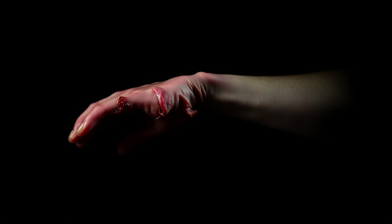 An extreme close-up photograph of a severed human limb against a pitch-black background, conveying the stark, gritty, and investigative nature of this tragic crime story.