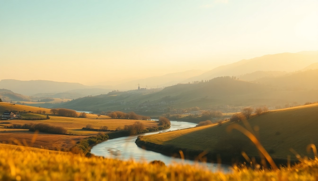 An impressionistic, out-of-focus landscape scene with a winding river, rolling hills, and a small town in the distance, all captured in a warm, golden glow, conceptually representing the community impact of Oswego County's infrastructure investments.