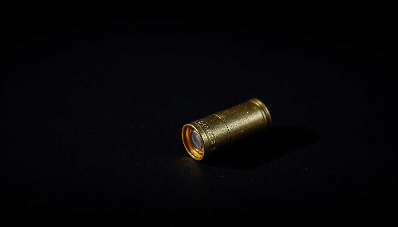 An extreme close-up photograph of a single spent shell casing on a dark, textured surface, lit by a harsh, direct camera flash, conceptually representing the aftermath of a shooting incident.