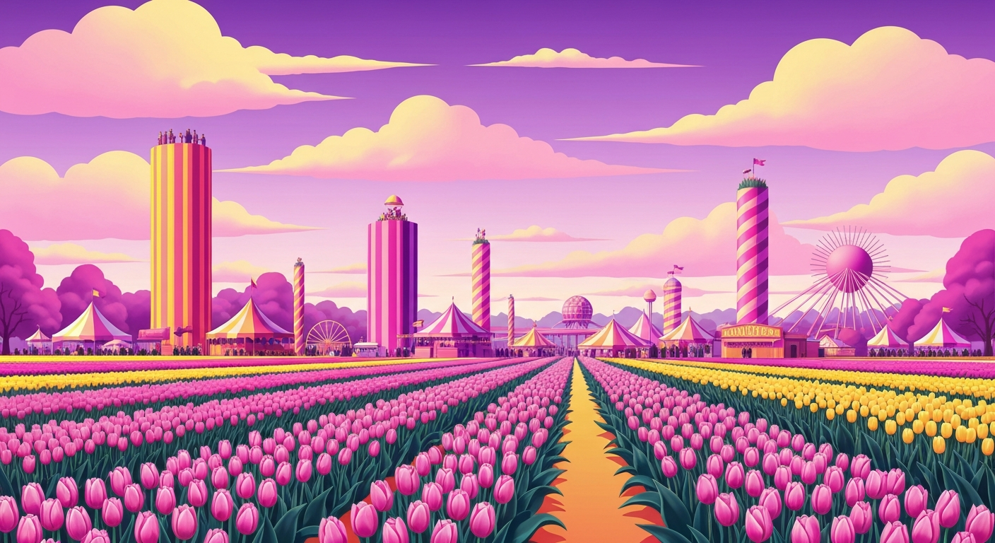 A bold, geometric illustration in the style of A.M. Cassandre, featuring sweeping gradients of vibrant pink, purple, and yellow tulips set against a towering, streamlined festival landscape, capturing the grand scale and celebratory spirit of the annual event.