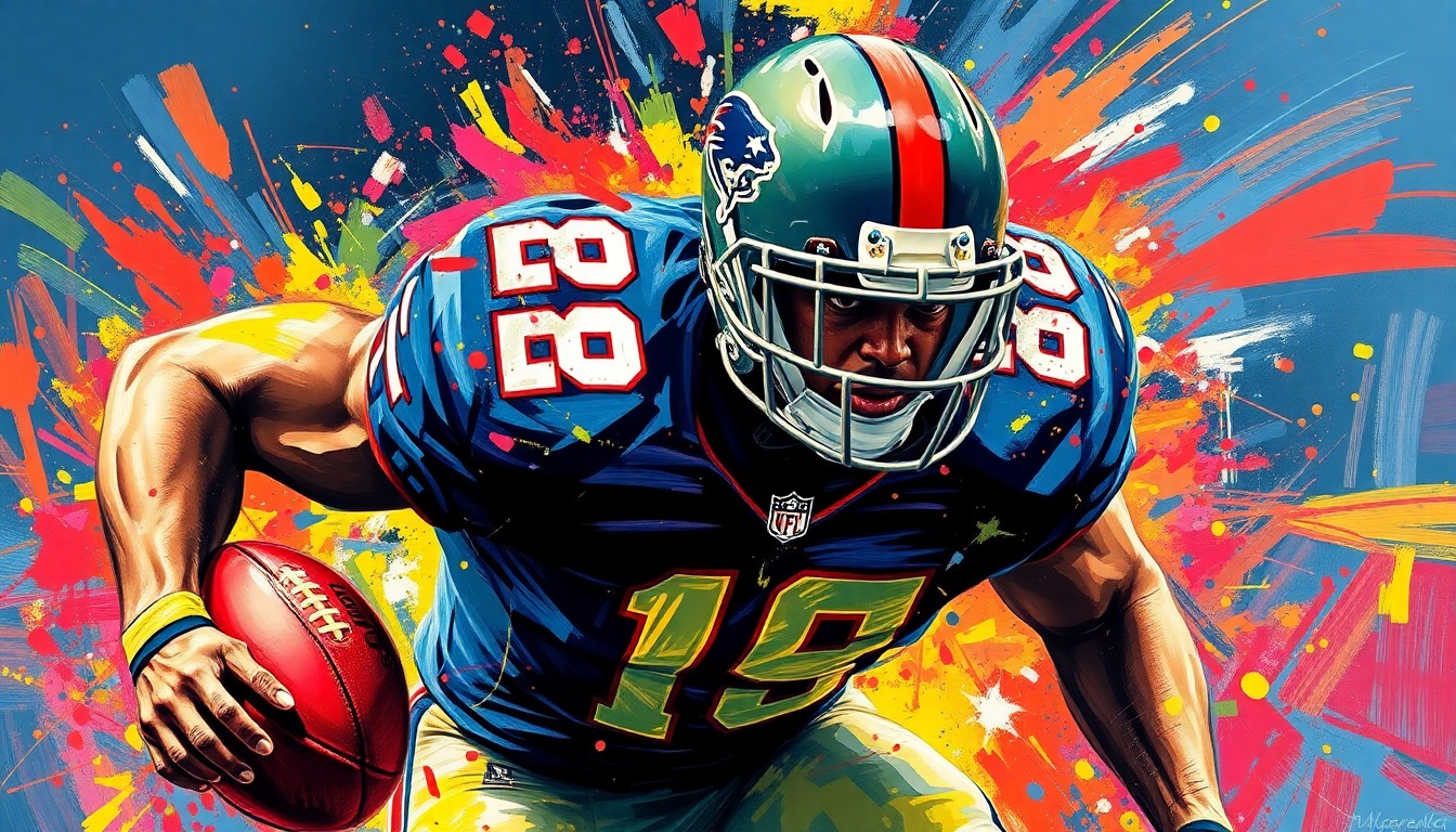 An abstract, expressionist painting featuring bold, energetic brushstrokes in neon shades of orange, yellow, and blue, capturing the raw power and athleticism of a dominant NFL pass rusher in motion, with the player's face and uniform details dissolving into unrecognizable splatters of paint.