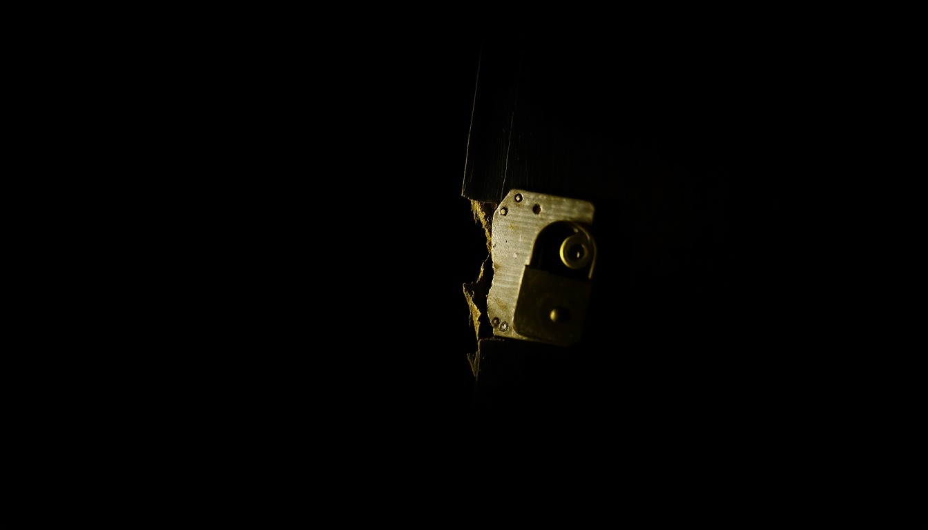An extreme close-up photograph of a damaged metal lock mechanism, lit by a harsh, direct camera flash against a pitch-black background, conveying the gritty, investigative nature of a property crime investigation.